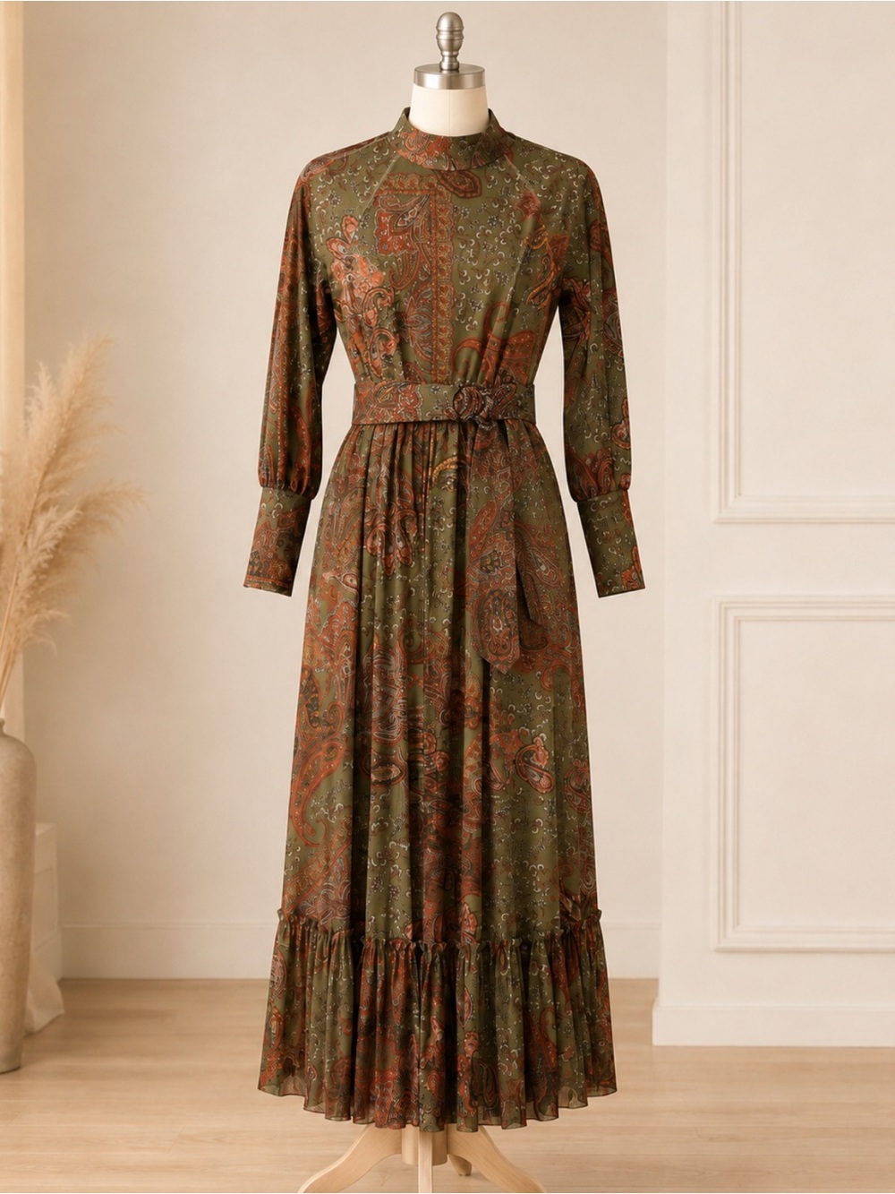 Olive Green Paisley Long Sleeve Maxi Dress with Belt